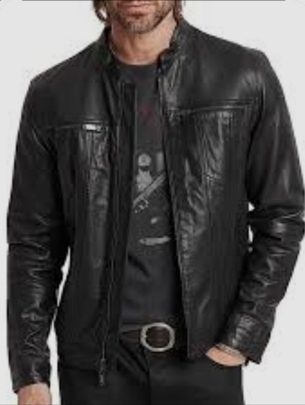 JOHN VARVATOS Black Sheepi Leather Band Collar Jacket Zip Close Pockets NWT X-LG